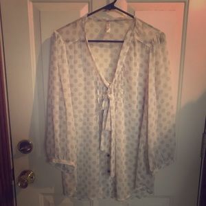 White / Grey Print Blouse 3/4 Sleeve with Bow Tie